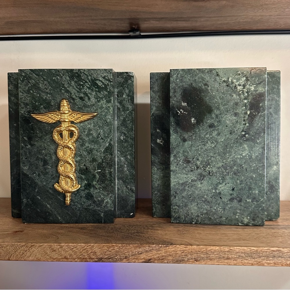 2 Vintage Green Marble Solid Brass Doctor Physician Medical Caduceus Bookends.